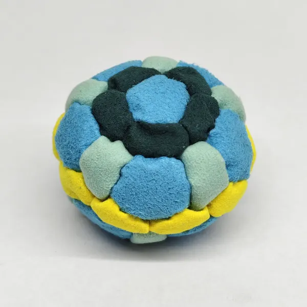 Four Color 42 Panel Footbag FBG-1034 in sky blue, sage, dark green and yellow synthetic suede, view 2