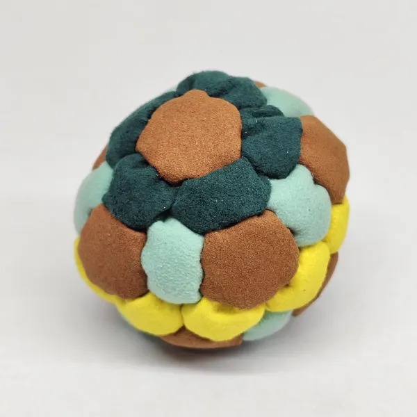Four Color 42 Panel Footbag FBG-1035 in brown, mint, dark green and yellow synthetic suede, view 2