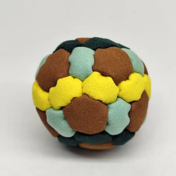 Four Color 42 Panel Footbag FBG-1035 in brown, mint, dark green and yellow synthetic suede