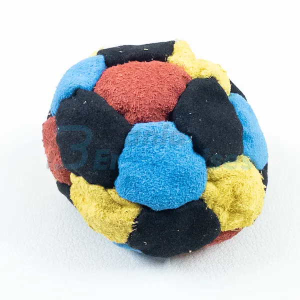 Multi Color 32 Panel Footbag FBG-1002 in black, red, blue and yellow synthetic suede, view 2