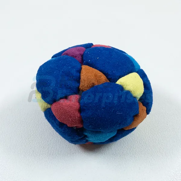 Multi Color 32 Panel Footbag, Style 2 FBG-1022 in blue, red, orange and yellow synthetic suede, view 2
