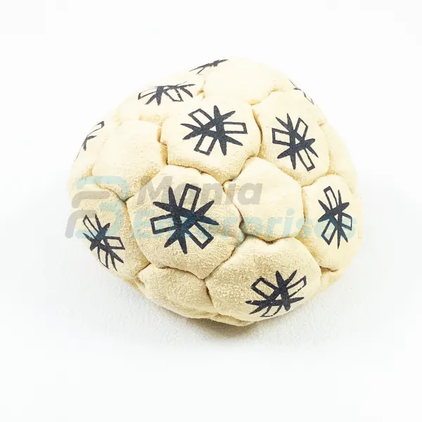 Single Color 32 Panel Footbag FBG-1001 in cream with black star print synthetic suede, view 3