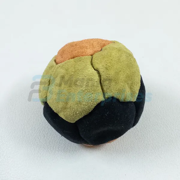 Three Color 12 Panel Footbag FBG-1025 in yellow, orange and black synthetic suede, view 2