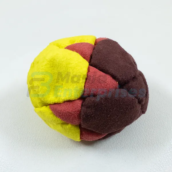 Three Color 32 Panel Footbag FBG-1012 in yellow, maroon and black synthetic suede, view 2