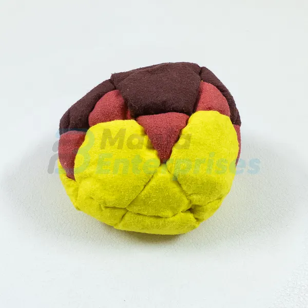 Three Color 32 Panel Footbag FBG-1012 in yellow, maroon and black synthetic suede, view 4