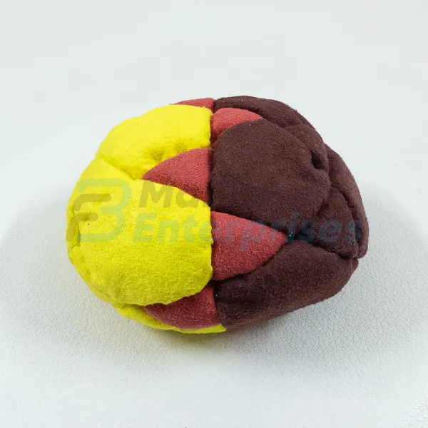 Three Color 32 Panel Footbag FBG-1012 in yellow, maroon and black synthetic suede