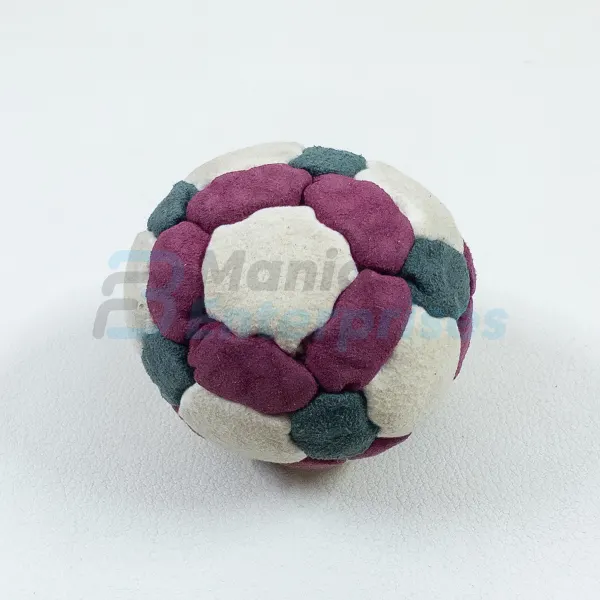Three Color 32 Panel Footbag, Style 3 FBG-1018 in maroon, purple and white synthetic suede, view 2