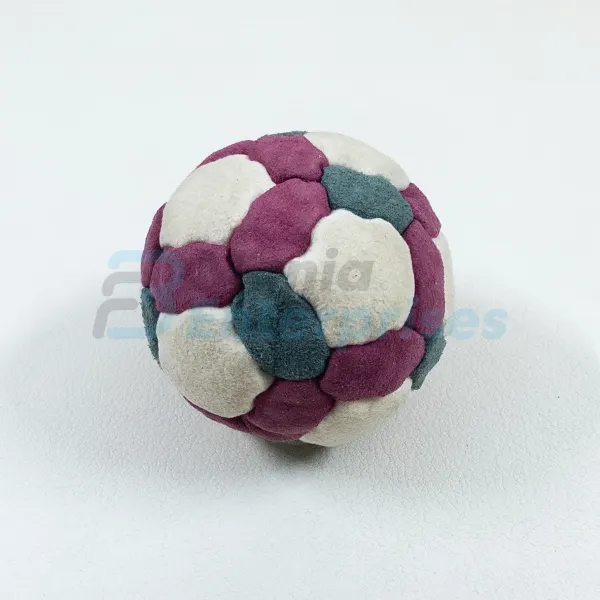 Three Color 32 Panel Footbag, Style 3 FBG-1018 in maroon, purple and white synthetic suede, view 3