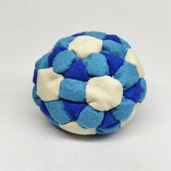 Three Color 62 Panel Footbag FBG-1033 in sky blue, royal blue and cream synthetic suede, view 2