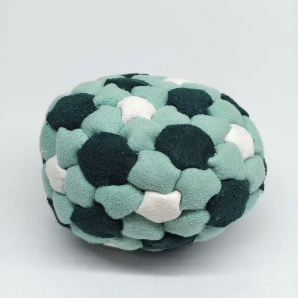 Three Color 92 Panel Footbag FBG-1030 in mint, dark green and white synthetic suede, view 2