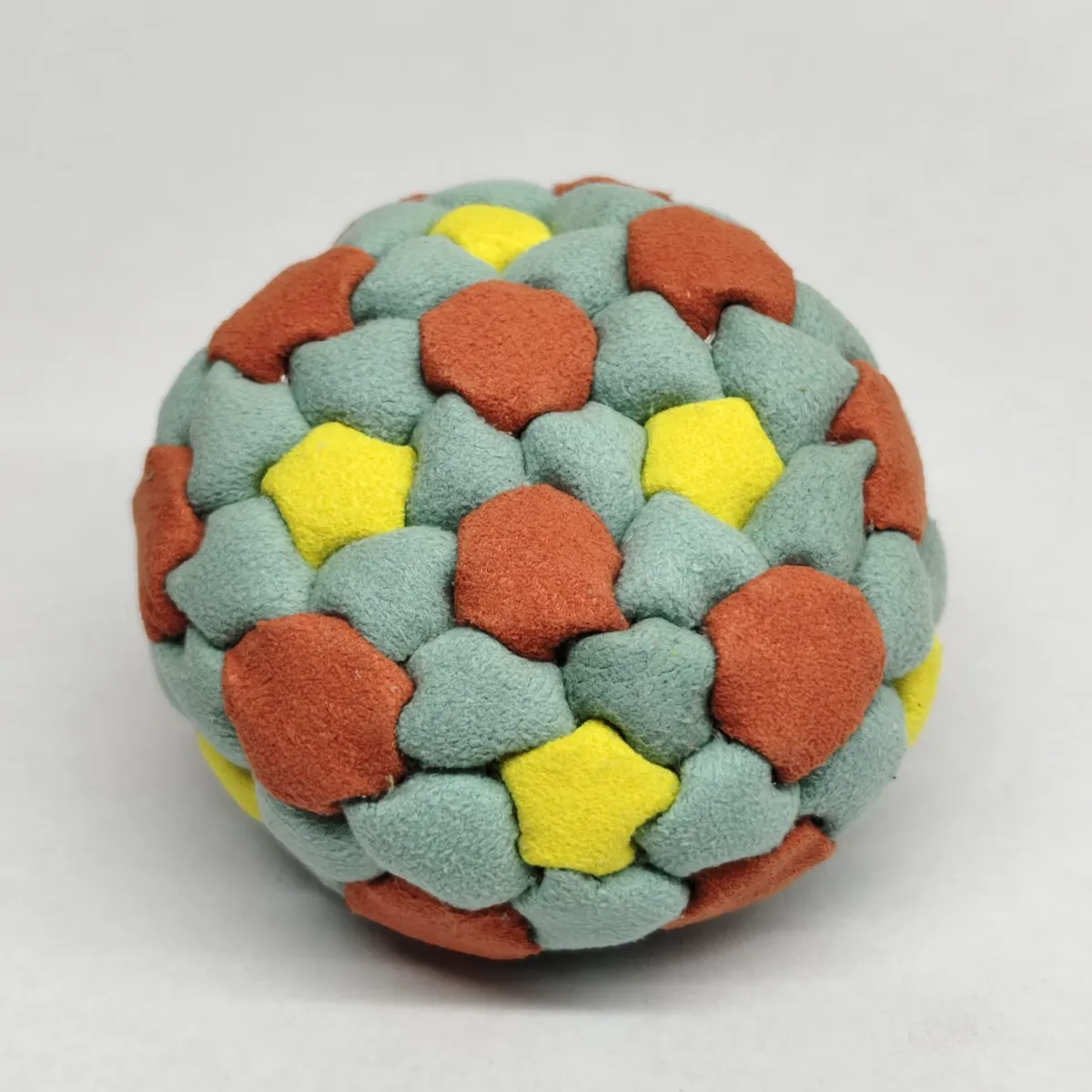 Three Color 92 Panel Footbag FBG-1031 in sage, rust and yellow synthetic suede