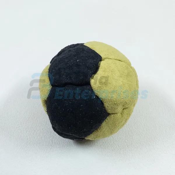 Two Color 12 Panel Footbag FBG-1024 in black and yellow synthetic suede, view 3