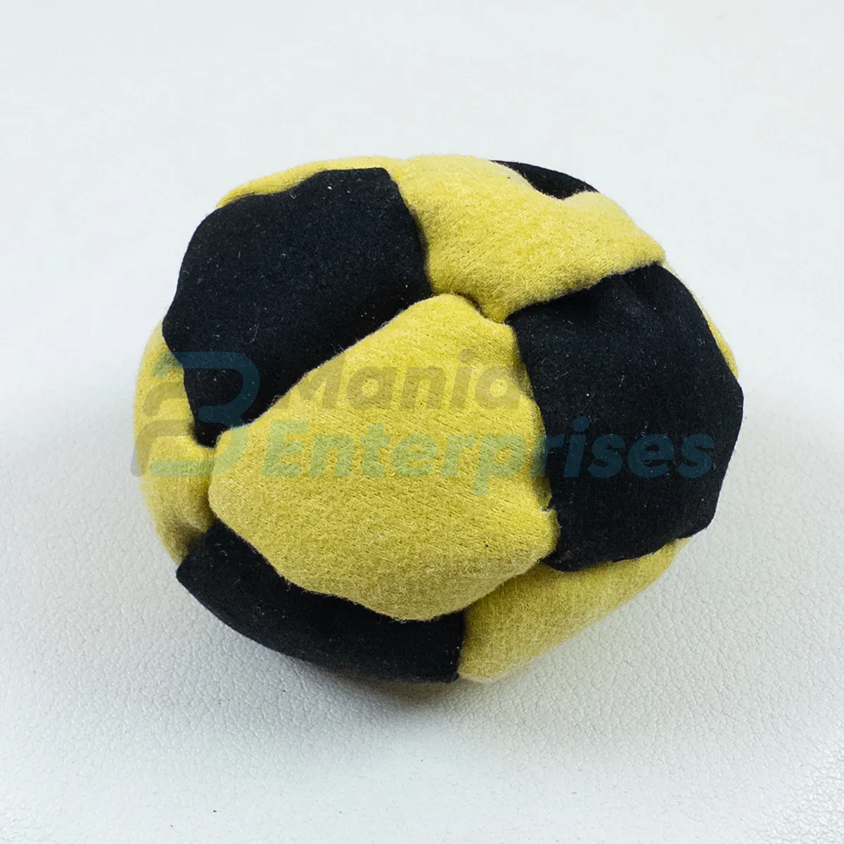 Two Color 14 Panel Footbag FBG-1019 in black and yellow synthetic suede