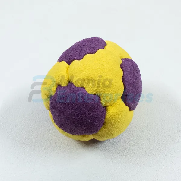 Two Color 14 Panel Footbag FBG-1027 in purple and yellow synthetic suede, view 3