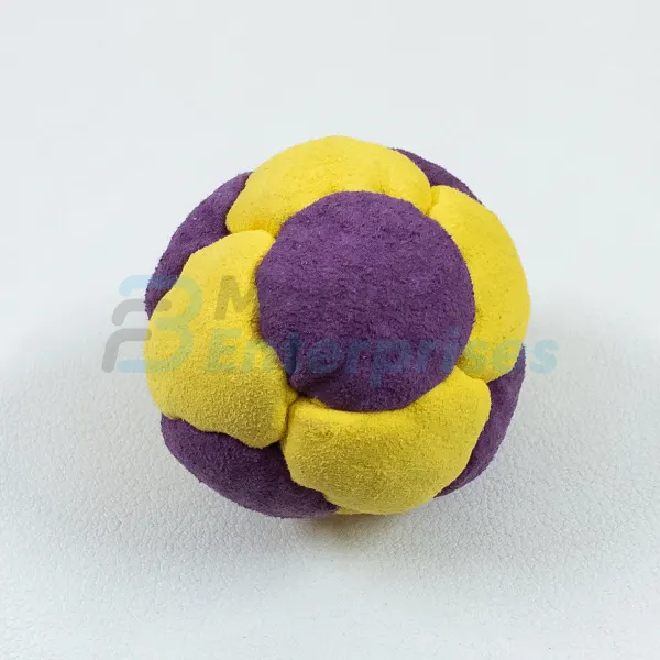 Two Color 14 Panel Footbag FBG-1027 in purple and yellow synthetic suede