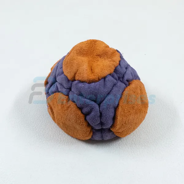 Two Color 30 Panel Footbag FBG-1013 in orange and purple synthetic suede, view 3
