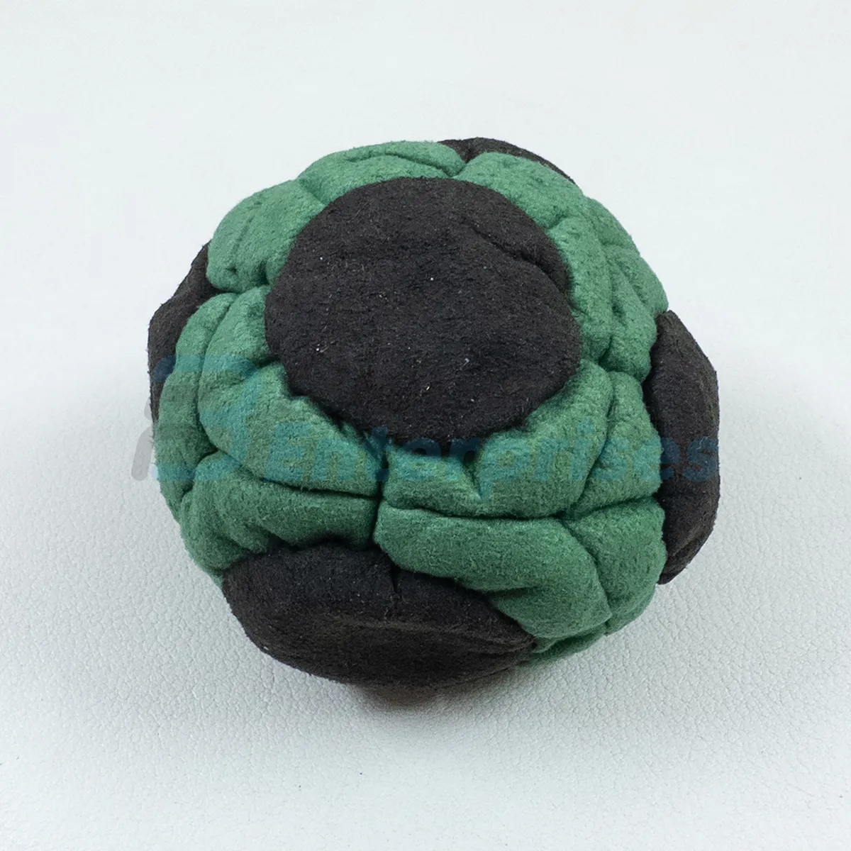 Two Color 30 Panel Footbag FBG-1017 in green and black synthetic suede