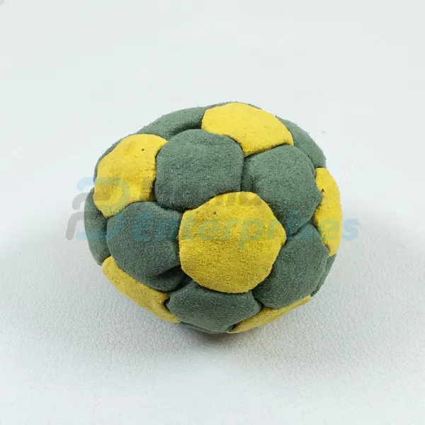 Two Color 32 Panel Footbag FBG-1011 in green and yellow synthetic suede, view 2