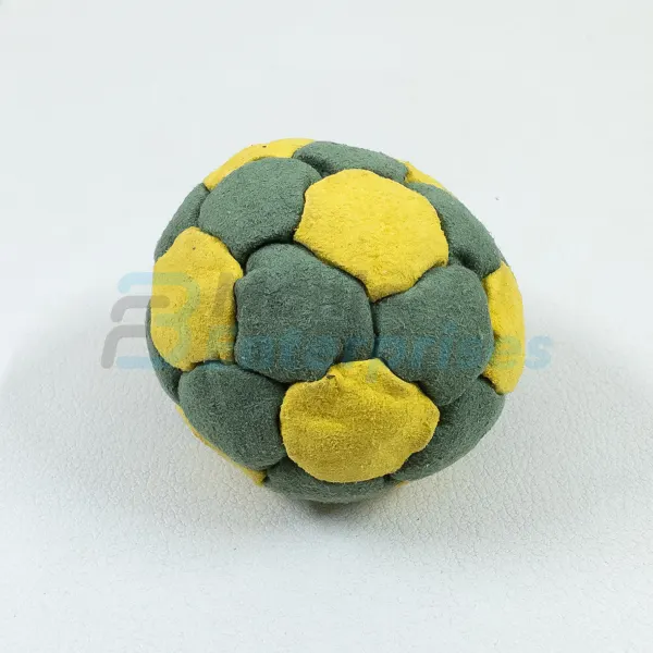 Two Color 32 Panel Footbag FBG-1011 in green and yellow synthetic suede, view 3