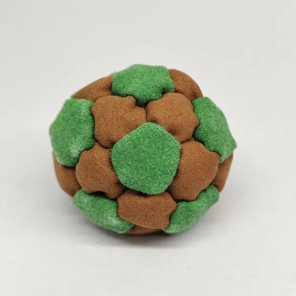 Two Color 32 Panel Footbag FBG-1037 in brown and green synthetic suede, view 2