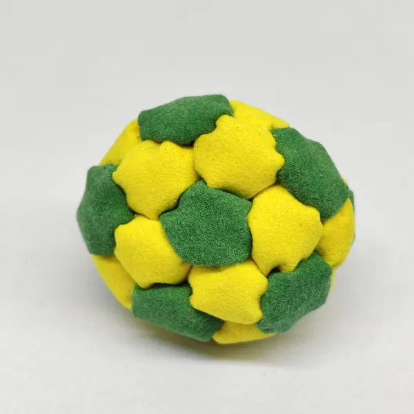 Two Color 32 Panel Footbag FBG-1038 in yellow and green synthetic suede, view 2