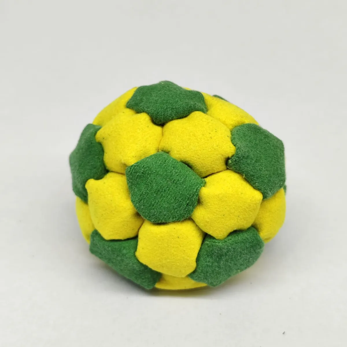 Two Color 32 Panel Footbag FBG-1038 in yellow and green synthetic suede