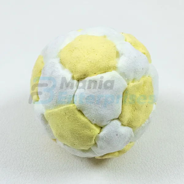 Two Color 32 Panel Footbag, Style 2 FBG-1005 in yellow and white synthetic suede, view 2