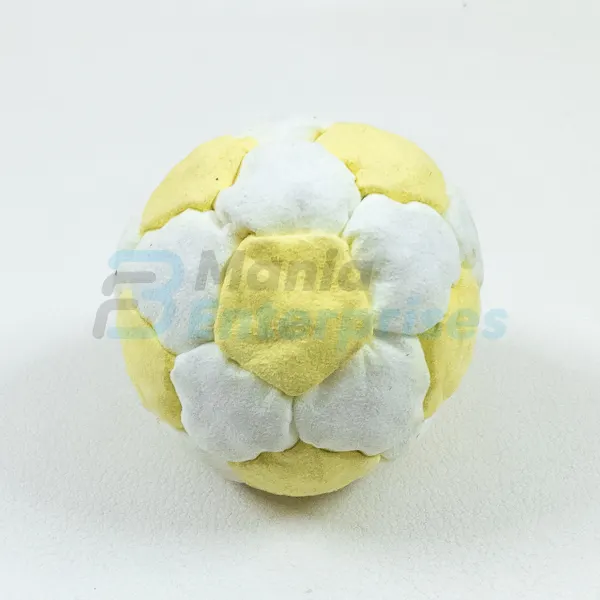 Two Color 32 Panel Footbag, Style 2 FBG-1005 in yellow and white synthetic suede, view 3