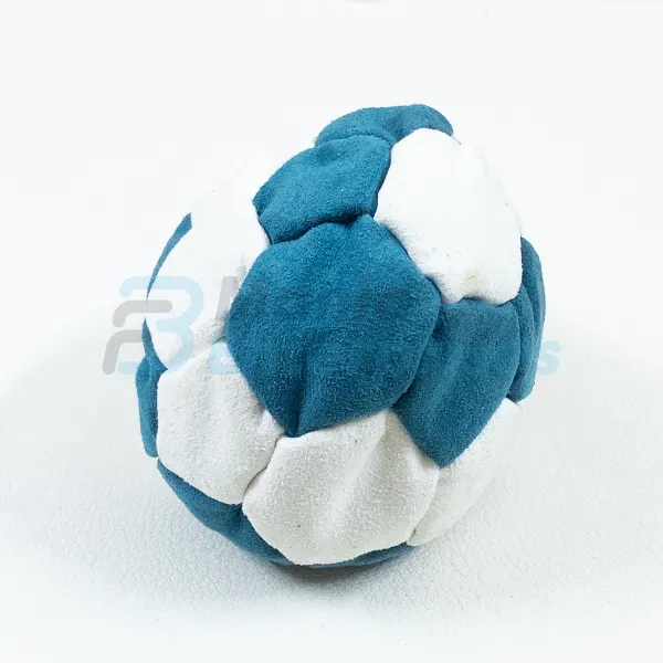 Two Color Snake Style 32 Panel Footbag FBG-1004 in teal and white synthetic suede, view 2