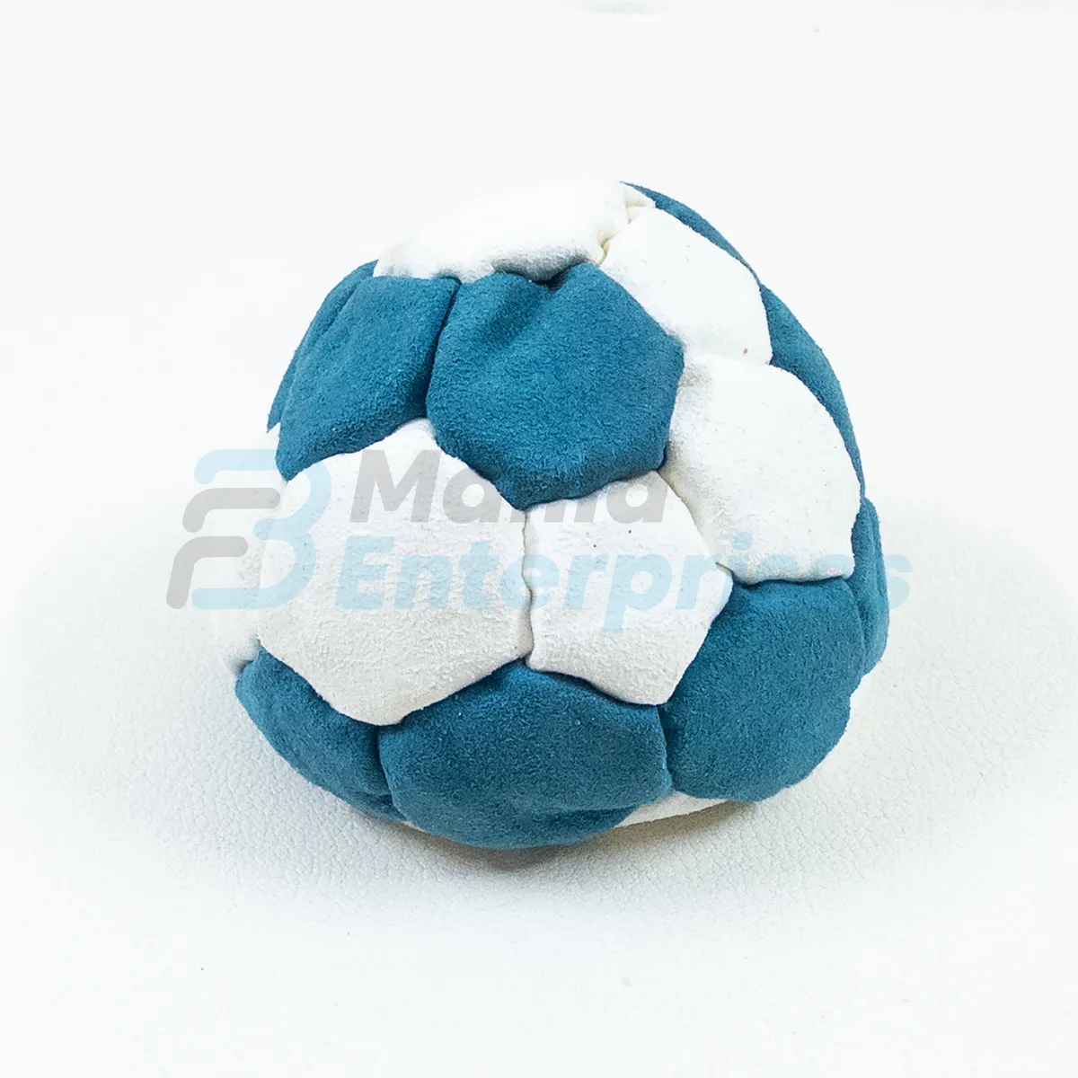 Two Color Snake Style 32 Panel Footbag FBG-1004 in teal and white synthetic suede