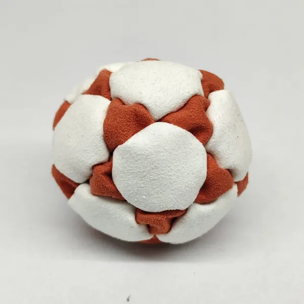Two Color Star Style 32 Panel Footbag FBG-1036 in white and rust synthetic suede, view 2