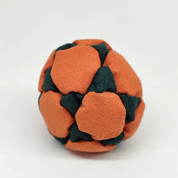 Two Color Star Style 32 Panel Footbag FBG-1039 in orange and dark green synthetic suede, view 2